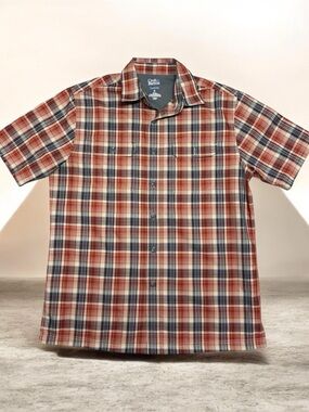Croft & Barrow Medium Quick-Dry Plaid Short Sleeve Shirt Blue White Orange Gray